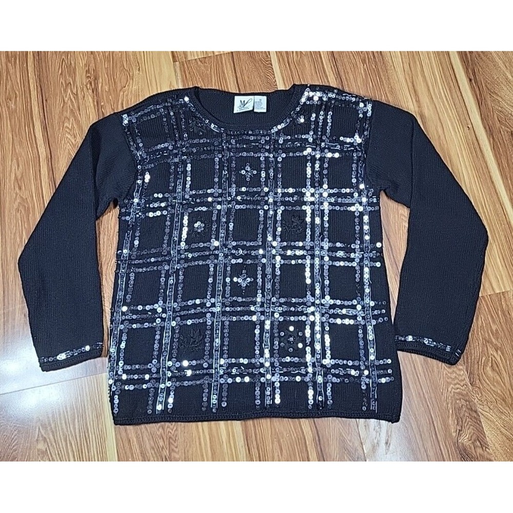 Vtg Maggie Lawrence Knit Sweater Medium Embroidered‎ Beaded Sequin Black Ugly